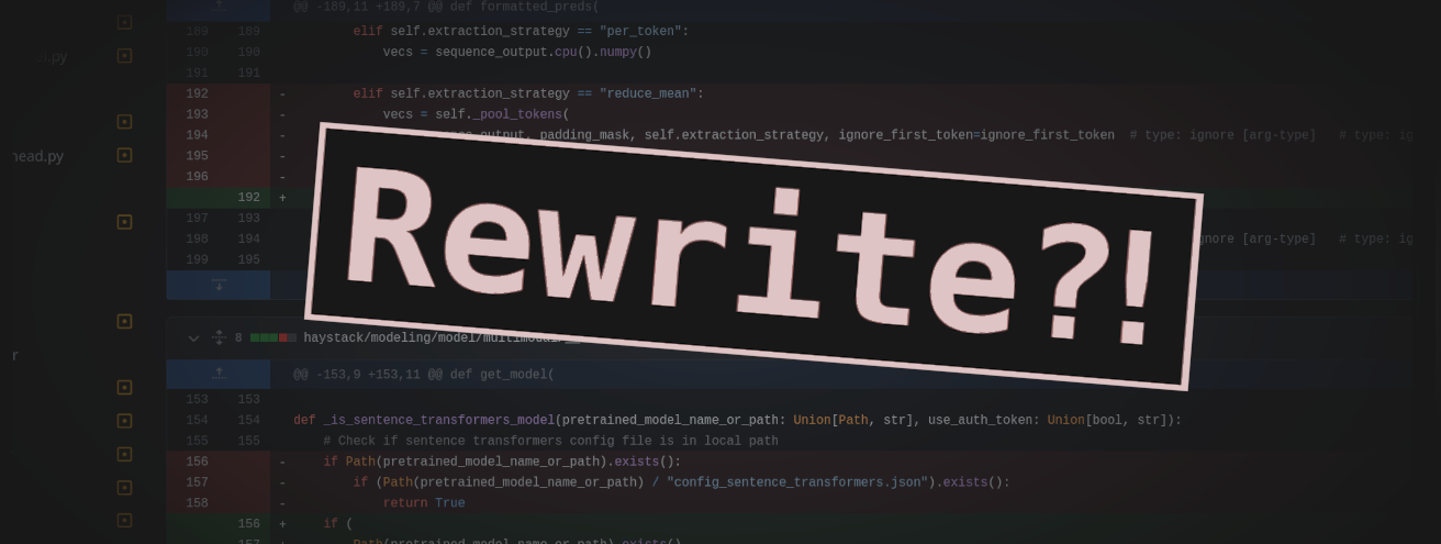 A GitHub diff with a large-letter "Rewrite" printed over